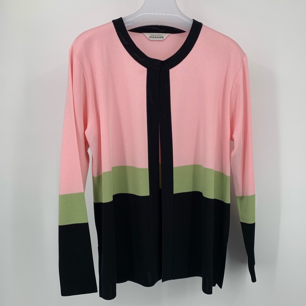 Misook Color Block Stripe Open Front Cardigan